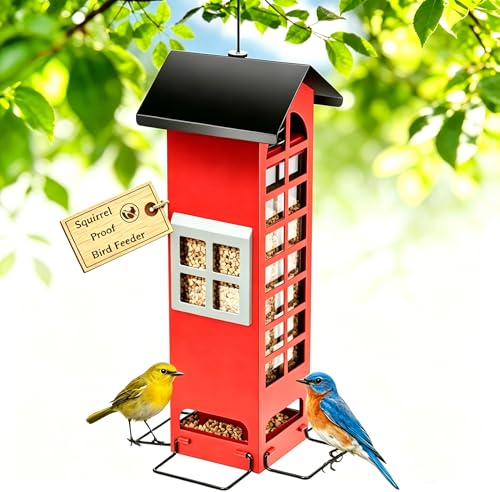 Bird Feeders Squirrel Proof for Outdoor Hanging Wild Bird Feeders with Weight Activated Ports,Metal Cardinal Tube Birdhouse Finch Seed Feeder,Large 2.5LB Capacity for Chickadee Blue Jay Woodpecker - color: Red
