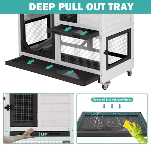 Rabbit Hutch Indoor for 2-4 Rabbits & Guinea Pigs，Bunny Cage with Slide-Out Plastic Trays，Wooden Small Animal Cage for Rabbits, Bunnies, and Guinea Pigs (Black) - color: (White & Black-AIR7013)