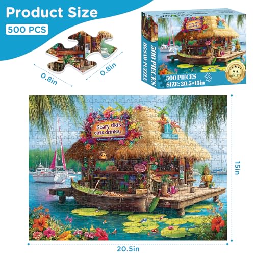 500 Piece Puzzle for Adults, Vacation Jigsaw Puzzle, Seaside Bar Puzzles | Tropical Island Tiki Bar Puzzle 500 Pieces, Relaxing Coastal Scene Puzzle for Adults and Family Game Night - style: Island Bar