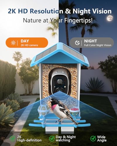 Smart Bird Feeder with Camera,2K HD Video, AI Identify Birds Species Solar Powered,Auto Capture Videos & Notify of Birds Arrival,Bird House for Birdwatching,Gift for Parents,BirdLovers