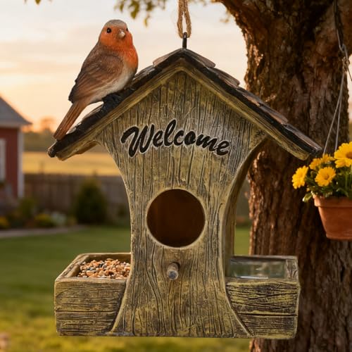 Charming Rustic Bird House with Feeder for Outside Unique Welcome Birdhouses Waterproof Garden Decor Yard Porch Tree Hanging Bird Nest for Bird Lovers Mom Housewarming