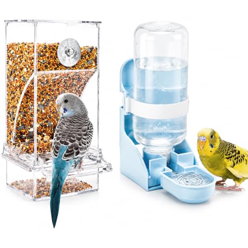 Rypet No-Mess Bird Feeder and Water Dispenser Set for Small Birds | Automatic Bird Feeder, Transparent Acrylic Food Container, Helps Reduce Seed Scatter, for Parakeet Cockatiel Parrot Canary - color: White Feeder + Blue Drinking Bottle