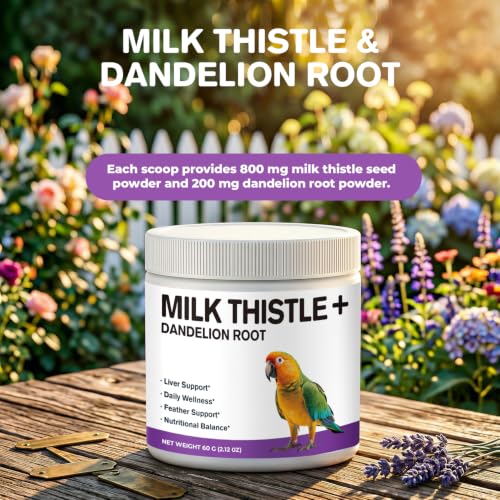 Milk Thistle & Dandelion Root for Birds, Bird Wellness Powder | 800 mg Milk Thistle & 200 mg Dandelion Root per Scoop for Parrots, Pigeons & Pet Birds, 60 g