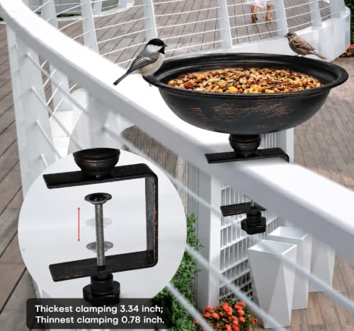 12 Inch Deck Mounted Bird Bath & Bird Feeder for Deck Railing, Clip On | Clamp On Bird Feeder, Porch Bird Bath, Fence Mount Railing Bird Feeder, Patio Garden, Rust Resistant Solid Metal 2-in-1