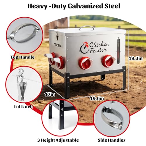 80LB Metal Chicken Feeder, Rat Proof Automatic Chicken Feeder with Visible Window & 8 Ports, Galvanized No Waste Poultry Feeder for Chickens, Ducks, Geese - size: 80 LBS