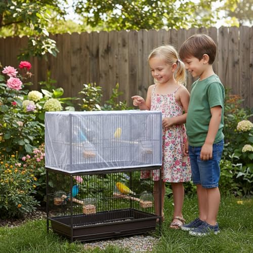 Bird Cage Seed Catcher, Mesh Net Cover Guard Soft Airy Cage Net Stretchy Skirt for Parrot Enclosures Round Square Cages(White