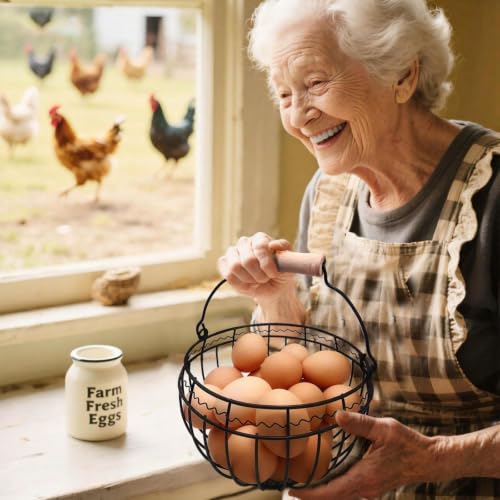 Farmhouse Wire Egg Basket for Gathering Fresh Eggs, Holds 24 with Handle | Vintage Style, Black Metal Open Weave, Backyard Chicken Keepers, Easter/Christmas Gift, Egg Collecting Basket, Countertop