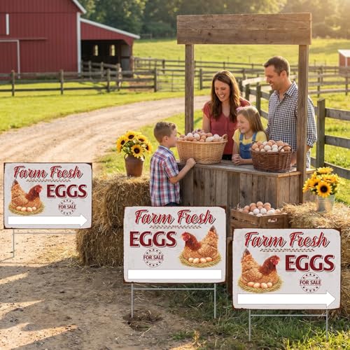 Rngmsi Farm Fresh Eggs for Sale Sign, 3PCS Fresh Eggs Sign Double Sided Farmers Market Decor, Waterproof Metal Mark with 6 Stakes for Indoor Outdoor Yard Business Supplies Home Decor 16 X 14 Inch - color: Fresh Eggs