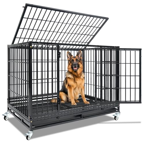 Homey Pet Heavy Duty Dog Crate for Large Dogs, Indestructible Kennel | 47 Inch Stackable Large Dog Cage with Lockable Wheels, Removable Tray & Grid, Multi Locks Strong & Solid Escape Proof - size: 46.5"L x 28.5"W x 35"H