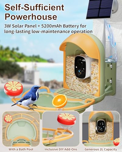 Bird Feeder with Camera, Smart Birdfeeder with Cam Solar Powered, 2K HD Video, AI Identification, Instant Arrival Alerts, IP66 Bird Bath & Feeder,Gift for BirdLover (with BirdBath, Green) - color: Green, style: With BirdBath