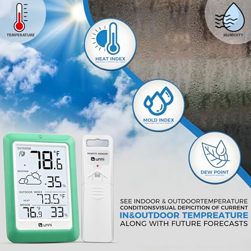 Indoor Outdoor Thermometer Wireless, Temperature Humidity Monitor Battery Powered Inside Outside Thermometers with 330ft Range Remote Sensor(Green) - color: Green
