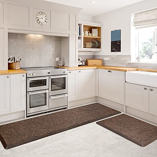 KMAT 2PCS Kitchen Mat Cushioned Anti-Fatigue Comfort Standing Mat Rug | Waterproof Non-Slip Ergonomic Comfort Rug Home,Office,Sink,Laundry,Desk 17.3"x28"+17.3"x60",Brown - color: Brown, size: 1'5" x 5' +1'5" x 2'4" (Rectangular)