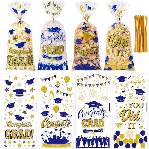 QOIUSO 100 PCS Graduation Cellophane Treat Bags - Congrats Graduates Candy Plastic Clear Goodies Wrapping Bags with 110 PCS Twist Ties for Graduation Day Grad Party Supplies - color: Graduation-100pcs