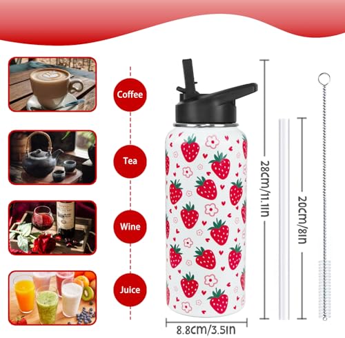 Strawberry Water Bottle with Straws Double Walled Vacuum Insulated Sports Bottle Strawberry Travel Thermal Cup Leak Proof Stainless Steel Tumbler Strawberry-theme Decor Gifts-32 oz - color: red strawberry