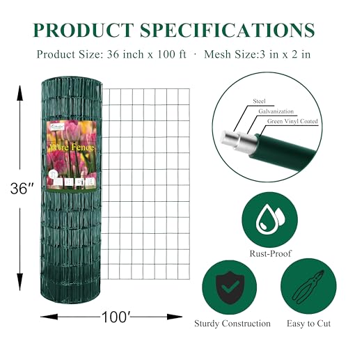 Green PVC Coated Welded Wire Fence 36" x 100' Roll, 2"x3" Mesh, 16 Gauge | Vinyl Coated Garden Fencing, Yard & Pet Barrier, Chicken Wire Fencing, Dog Enclosure Mesh, Vegetable Plant Protector - color: Green, size: 2''x3'' 16GA 36''x100'