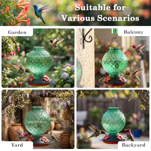 25 OZ Glass Hummingbird Feeder for Outdoors, Leak Proof Hummingbird Feeder with Ant Moat, 4 Bee Resistant Feeding Ports, Easy Clean Wide Mouth Design, Hanging Nectar Feeder, Green - color: Green - 25oz