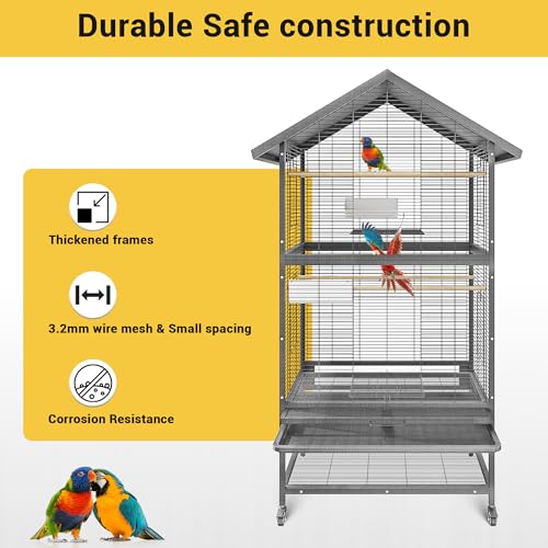 65.7 Inch Wrought Steel Bird Cage with Pull-Out Tray/Lock,Large Flight Cage with Feeding Bowl/Stand/360° Swivel Casters for Cockatiels, Greys, Parakeets, Budgies, Conures, Pigeons, Canaries, Lovebirds
