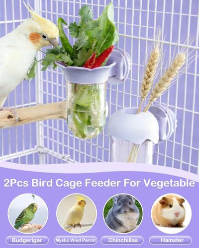 2Pcs Bird Cage Vegetable Feeder, Hanging Veggie Holder with Hydration Feature to Maintain Freshness, Easy-Clean Clip Feeder for Parakeet, Parrot, Lovebird, Budgie(Purple) - color: Purple