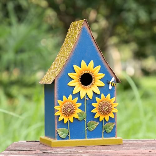 Glitzhome Birdhouses for Outdoors, Bird Houses Stake for Outside, 52.5" H Metal Bird House Decorative Sunflower Birdhouse with Stake for Garden Patio Backyard (Blue)