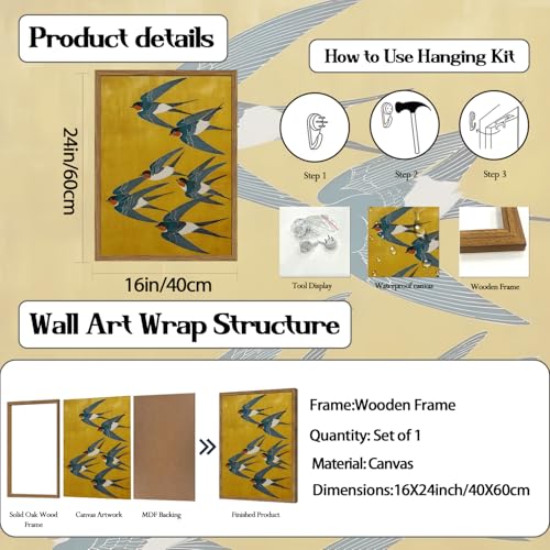 Vintage Japanese Bird Wall Art, Japan Swallow Wall Decor Painting Cottage Animal Poster Canvas Prints Picture for Bedroom Living Room Farmhouse 16x24 inch Wood Framed - color: Animal-N, size: 24"L x 16"W