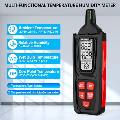Hygrometer Thermometer with Dew Point & Wet Bulb, TH13 | High Precision Humidity Meter, Temperature Humidity Monitor, 99 Data Storage, Temp Alarm, Backlight, MAX/MIN, Auto Shutdown - color: Red, size: TH13