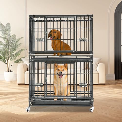 Homey Pet 37 Inch Two Tiers Stackable Dog Crates for Medium Dogs | Indestructible Heavy Duty Dog Cage with with Lockable Wheels, Removable Tray, Opent Top, Escape Proof Locks, Bowls - size: 37.0"L x 22.5"W x 55.5"H