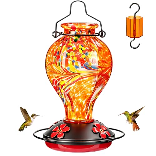 Hand Blown Glass Hummingbird Feeders for Outdoors Hanging, 24oz Wild Bird Nectar Feeder with Ant Moat and Perch, Bee-Resistant Ports, Garden Decor, Gifts for Women Mom, 1 Pack, Orange Phoenix - color: Orange Phoenix