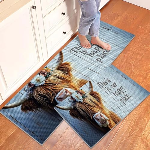 Farmhouse Kitchen Rugs Set of 3, Non Slip Washable Durable Stain Resistant Floor Mat Set,Highland Cow Floral Fence Retro Wood Pattern Kitchen Runner Rug 16"X24"+20"X32"+20"X47" - color: Grayish White-highland Cow