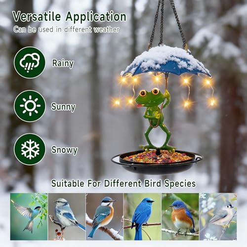 Solar Bird Feeders for Outdoors Hanging Garden Decor - Metal Frog Outdoor Figurine Solar Lights Hummingbird Feeder, Waterproof Wild Bird Feeders Garden Gifts for Women, Mom
