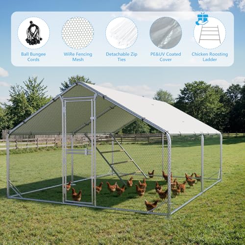 Large Metal Chicken Coop, Outdoor Chicken Run with Cover, 10x13x6.5 FT | Heavy-Duty Poultry Enclosure & Chicken Pen with Split Doors, Galvanized Steel Frame, Free Wire Mesh Fence and Roosting Ladder - size: 118.1"L x 78.7"W x 157.5"H