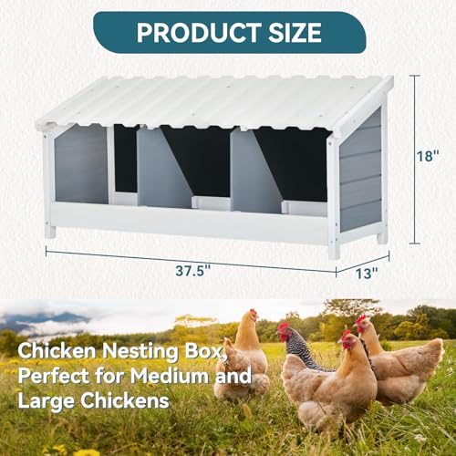 PETSFIT 3 Holes Chicken Nesting Box, PVC Waterproof Roof, Privacy Cover | Wall Mounted or Floor Use, Natural Fir Wood, Easy to Assemble and Clean, For Backyard Coops and Farms, Fits Standard Hens - size: 3 Holes