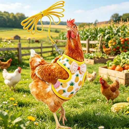 Chicken Harness and Leash Set Adjustable Mesh Breathable Pets Leashs Duck Training Harness for Goose Hen Rooster Parrots Dog Kitten,Yellow Pineapple S - color: Yellow, size: S (Chest 9.8-11.8)