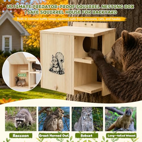Large Widened Squirrel House for Outside, Waterproof Squirrel Nesting Box | External Platform & Porch, Anti-Predator Squirrel Box for Backyard, Solid Pine Wood, Easy to Assemble, DIY, 16×14.5×8 Inch