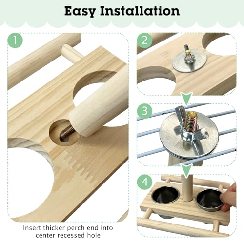 Tfwadmx Bird Perch with Stainless Steel Feeding Bowl Cups Parrot Wood Perch Stand Toy Hanging Feeder for Conures Cockatiels Budgie Lovebird
