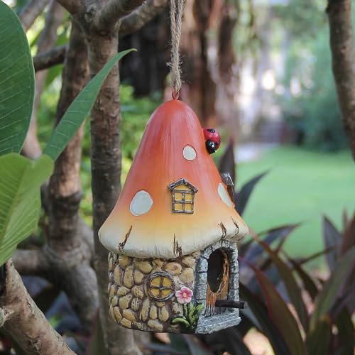Bird Houses for Outside, Hanging Birdhouse for Outdoor Garden, Patio, Yard | Hand-Painted Resin Mushroom BirdHouses for Outdoor,BirdHouse with Pole for Bluebirds,Finches,Cardinals for Nesting in Gardens