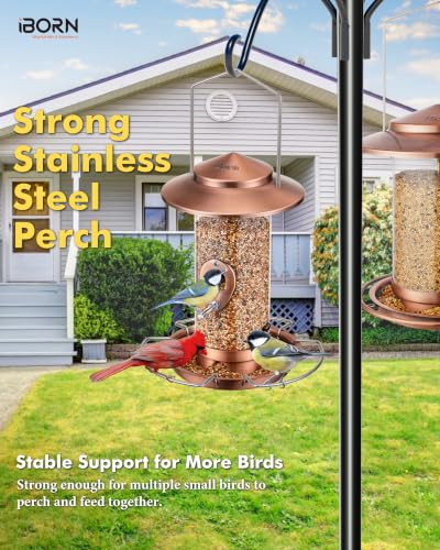 Bird feeders for Outdoors Metal Chew Resistant Copper-Plating, 1PK | Metal Roof, Metal Tray, Stainless Hanger, Flip-Top Fill, 3 stainless Perches with 2 Feeding Ports, Easy-Clean, 1.5LB - color: Copper-Plating