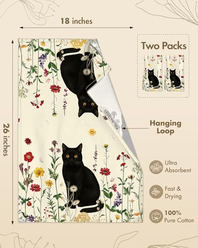 150GSM Flour Sack Kitchen Towels Set of 2, Retro Cats Floral | 18"x26", Lightweight, Lint-Free, Pure Cotton, Decorative, with Hanging Loop, Absorbent, Softer after Wash, Giftable Package - color: Cat in Flower