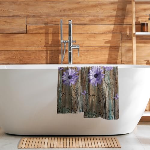 Giwawa Rustic Barn Sunflower Wooden Hand Towel 15x30 Set of 2, Fall Purple Daisy Flower Plank Fingertip Towel Retro Board Face Towel Country Barnwood Washcloth for Bathroom Farmhouse Log Cabin - color: Board Daisy Purple