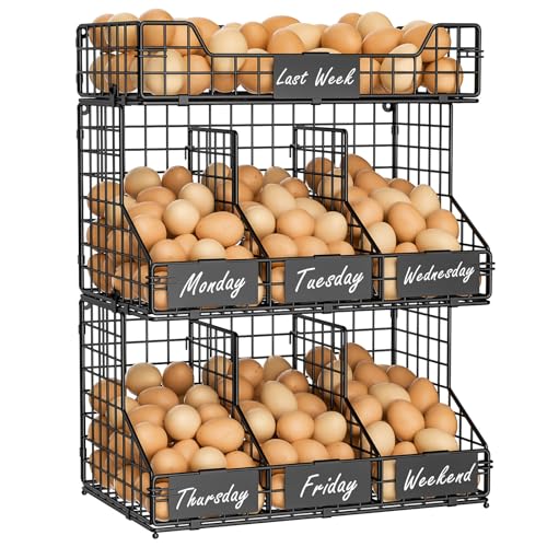 Egg Holder Countertop, 3-Tier Egg Rack, Stackable Wire Baskets | 3 iron baskets; 7 labels; 4 adjustable dividers; stackable or wall mounted - color: Black