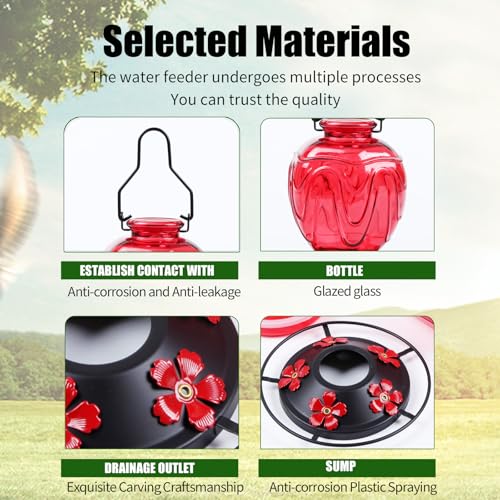 2 Pack Glass Hummingbird Feeder for Outdoors Hanging, 24Ozs Humming Bird Nectar Feeder w/Perch, 5 Flower Feeding Ports, Leak Proof Base and Hook for Outside Garden Backyard Decor, Red - color: Red-2