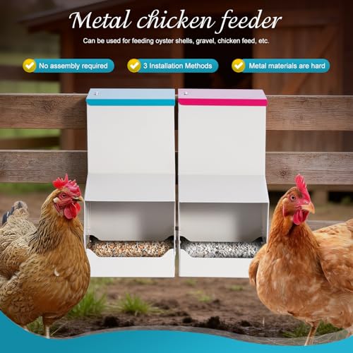 2PCS Metal Automatic Chicken Feeder, Wall Mount Hanging Poultry Feeder Dispenser with 2 Ports, 7lb Chicken Grit and Oyster Shell Feeder Trough No Waste for Outside Coop Quail Ducks Turkeys