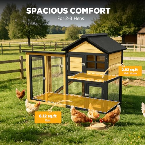 Wooden Chicken Coop with Run, Outdoor Hen House Poultry Hutch with Removable Tray & Ramp, Wire Fence, Weatherproof Roof, for Backyard 2-3 Chickens - color: Yellow