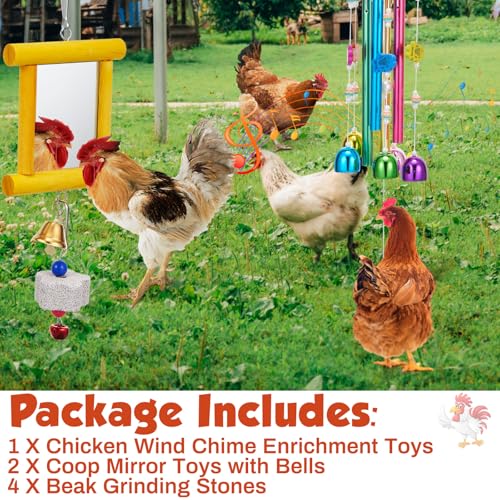 VioraWhite 7 Pcs Chicken Toys, Hanging Chicken Wind Chime, 2 Pcs Coop Mirror Toys with Bells 4 Pack Beak Grinding Stones, Musical Coop Accessories for Hens Roosters Chicks Poultry Birds(Yellow，Blue) - color: Yellow，blue