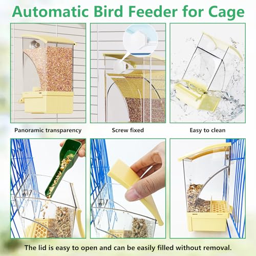 Hamiledyi Automatic Bird Feeder No Mess Bird Cage Feeder Transparent Acrylic Parrot Seed Food Container with Perch Cage Accessories for Parakeet Finch Lovebirds Budgies Canary (Yellow) - color: Yellow Transparent