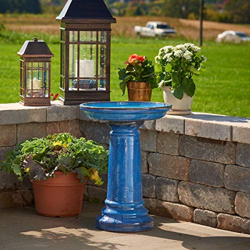 Smart Solar Aviatra Outdoor Ceramic Birdbath with Pedestal Stand and Glossy Finish, Elegant Traditional Birdbath for Garden, Blue - style: Aviatra