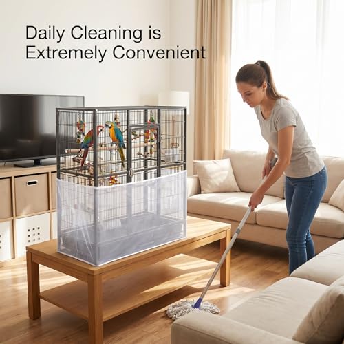 Large Bird Cage Seed Catcher Adjustable Soft Airy Skirt Guard Birdcage Nylon Mesh Net, White Bird Cage Net Cover Skirt Seed Guard for Parrot Parakeet Macaw Round Square Cages