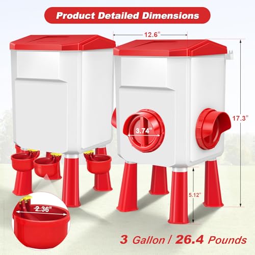 Auto No Waste Chicken Feeder and Waterer Set 3 Gallon/26.4 Pounds | Sturdy & Durable Chick Feeder and Waterer Set, Poultry Feeder Large for Hens/Ducks/Poultry - color: Red