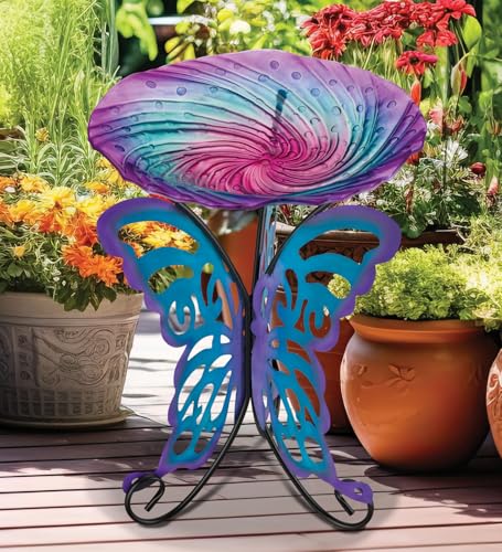 Regal Art & Gift Glass Bird Bath with Metal Stand, Outdoor Garden Decor | Butterfly, 18 in Bowl, 25 in Tall, Metal & Glass, Easy to Fill, Weather-Resistant Decor for Patio, Porch & Garden - color: Butterfly