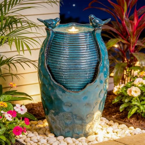 Autodaya 25" H Jar Ceramic Outdoor Water Fountain with LED Lights and Birds | Elegant Turquoise Glaze with Bubble-Like Texture, Decorative Garden Water Feature, cascading water flow for yard sanctuary - color: 25"h Turquoise