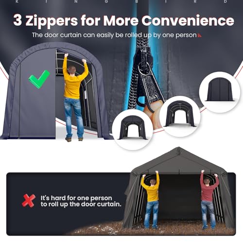 KING BIRD 10' x 15' Round Style Garage Carport Shelter Heavy Duty Storage Shelter Portable Canopy Shed with Roll-up Ventilated Windows for Boat, Patio Furniture and Lawn Mower-Dark Gray - size: 10'X15'